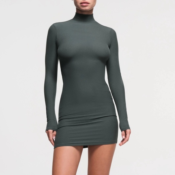 SKIMS Dresses & Skirts - NWT Skims RARE Ribbed Modal Turtleneck Mini Dress in Deep Sea Size Medium